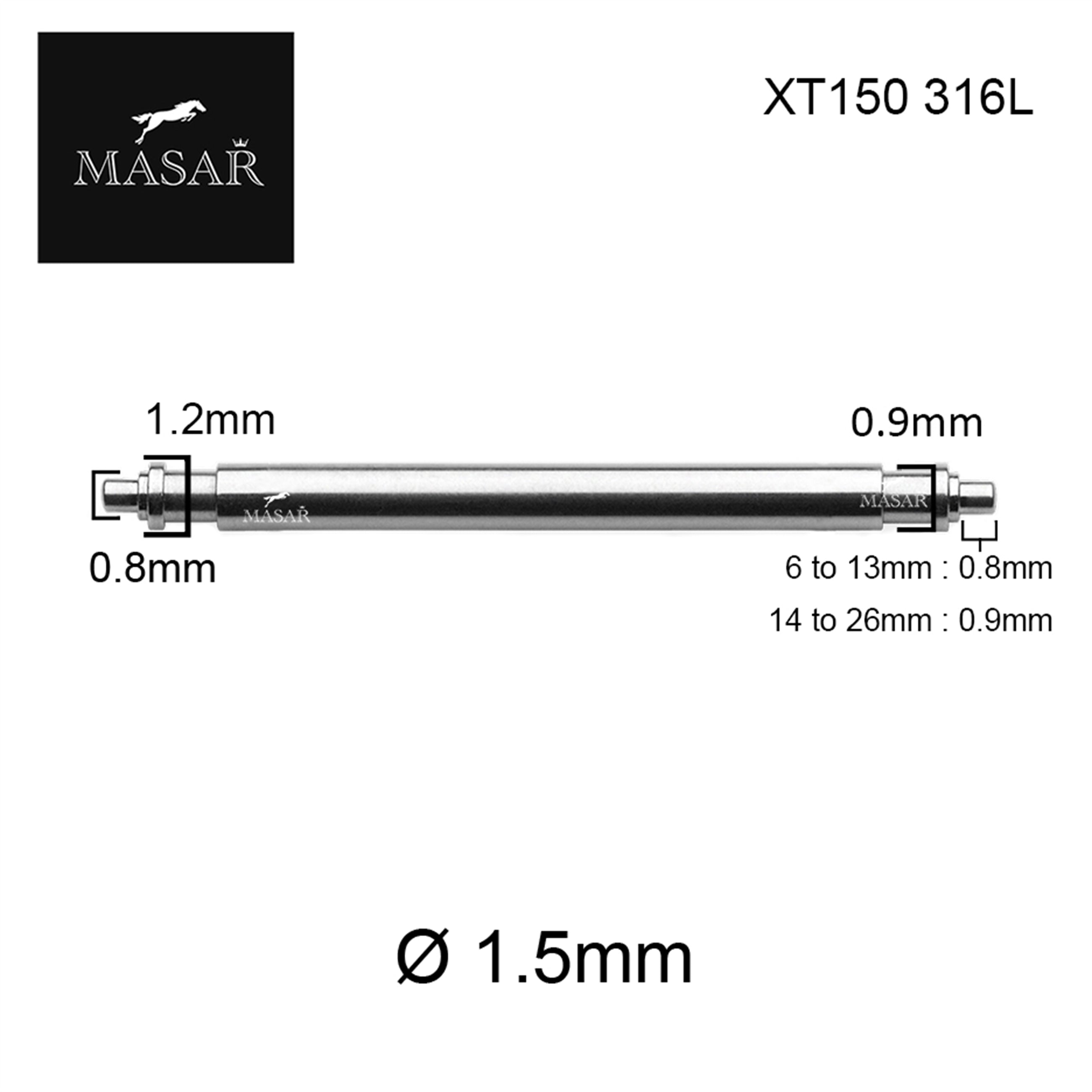 14mm to 26mm XT Ø 1.5mm - Spring bars for watch strap - 316L stainless steel - 0.8mm - 2 pcs