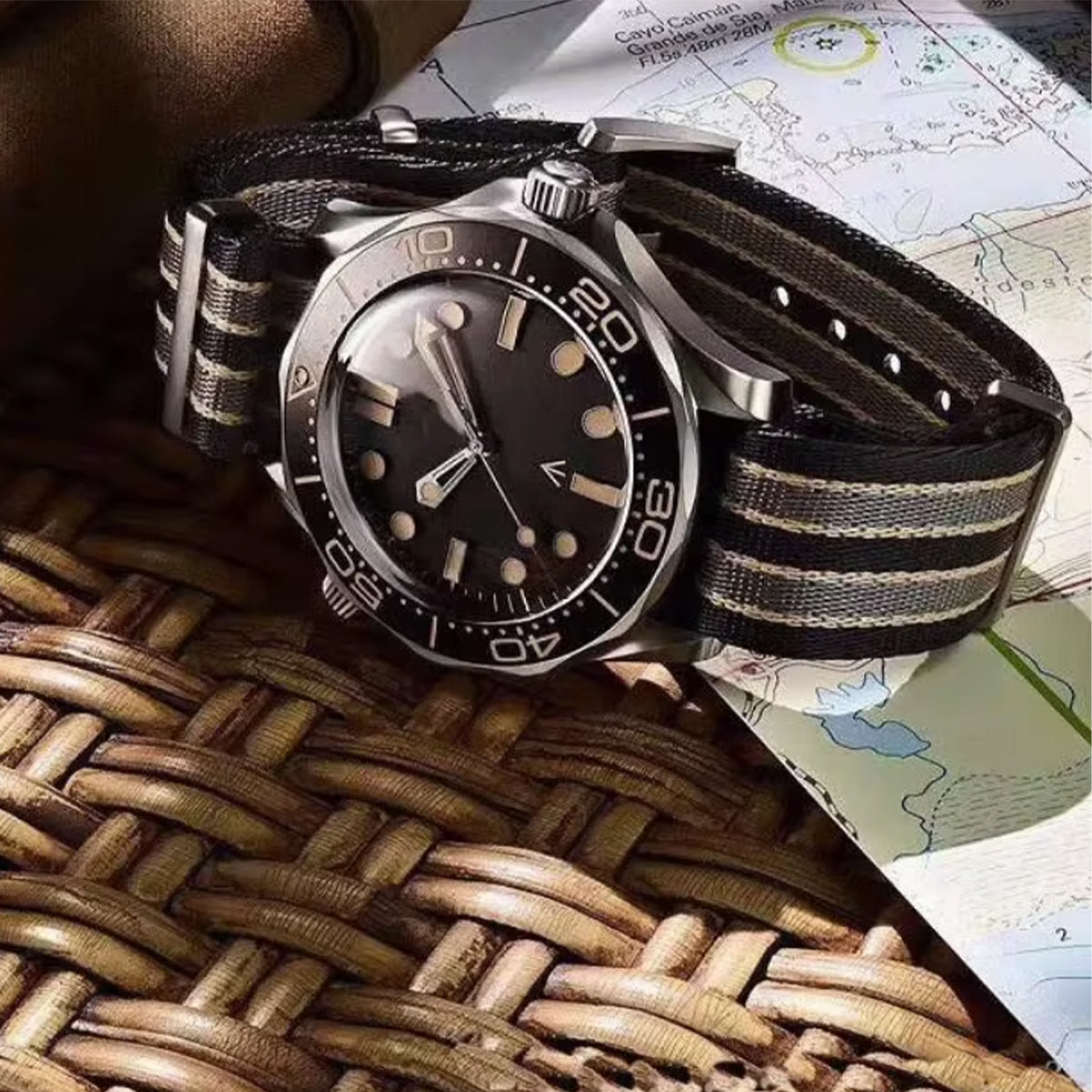 20mm James Bond Nato Strap Black Grey Yellow - Braided Nylon