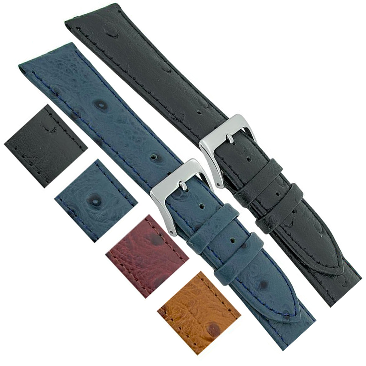 12 mm bis 20 mm Strauß – Rindsleder – Uhrenarmband – silberne Schnalle – 3,6 mm Polsterung