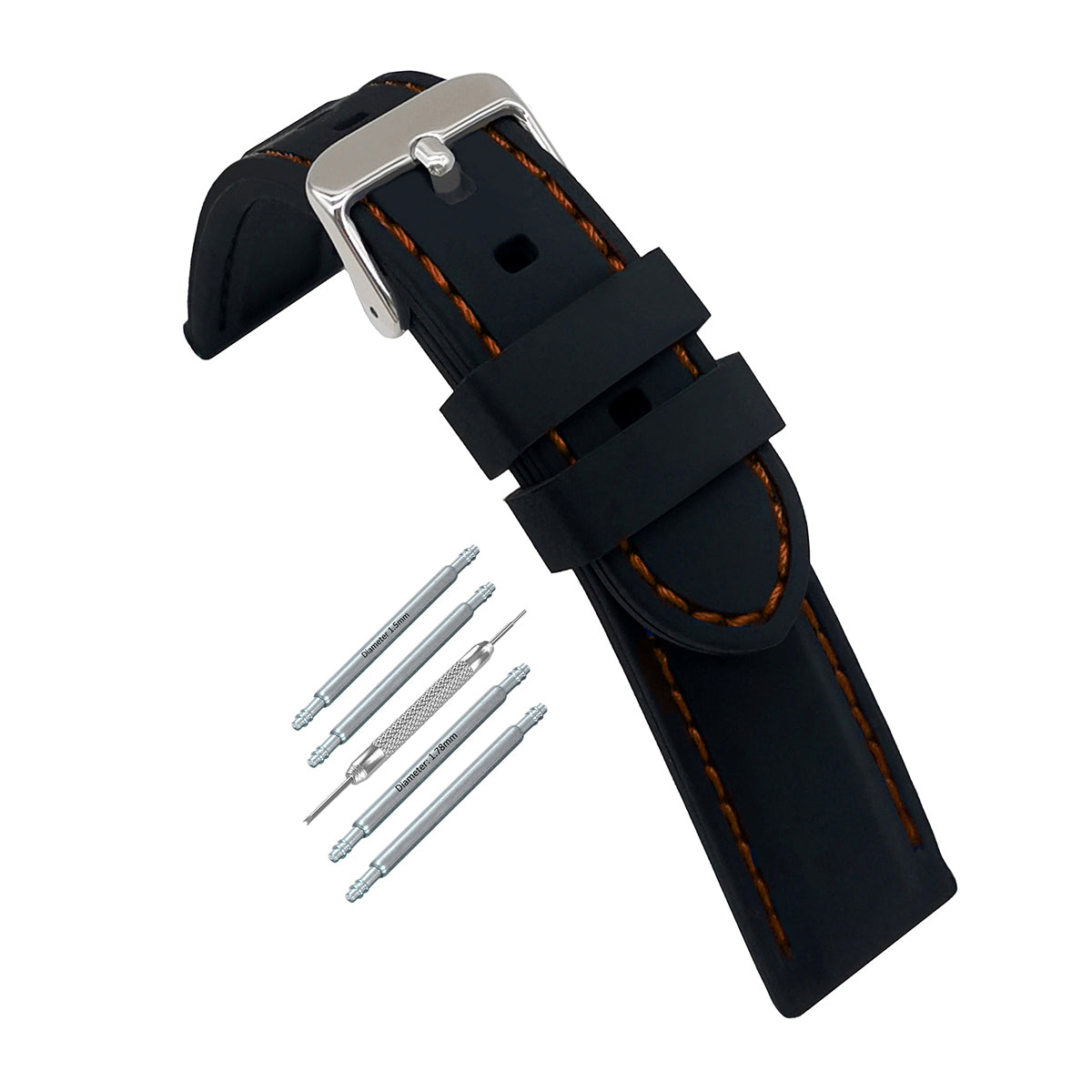 Premium Silicone Black / with Orange Stitching / Silver Buckle - Men's Watch Strap - Thickness 5.8mm