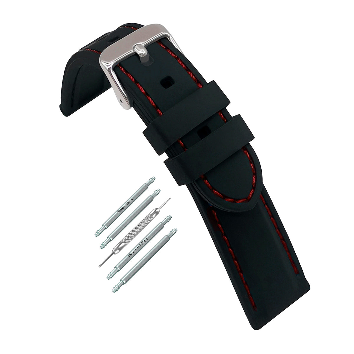 Premium Silicone Black / with Red Stitching / Silver Buckle - Men's Watch Strap - Thickness 5.8mm
