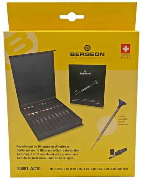 Bergeon 30081-AC10 Deluxe Kit - 10 Stainless Steel Watchmaker Screwdrivers Delivered in a box