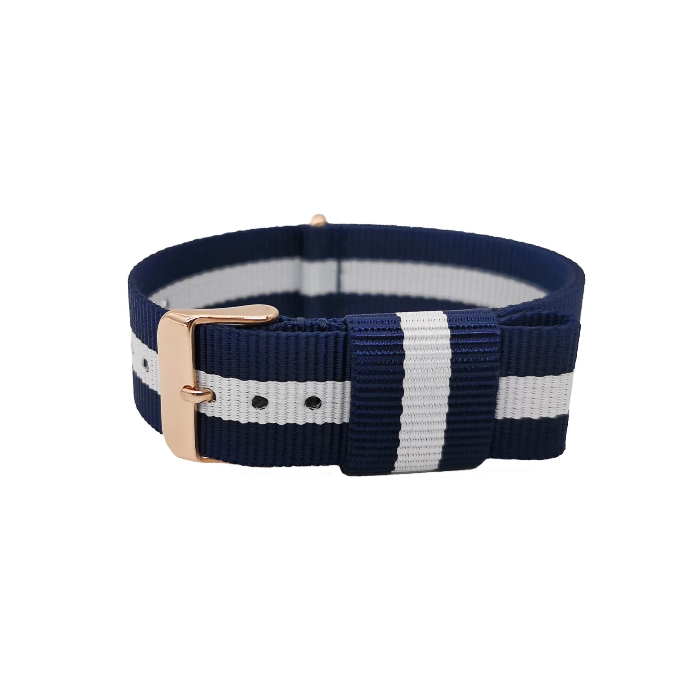 NATO Nylon Dunkelblau/Weiß/Roségold Schnalle - Glasgow - Uhrenarmband
