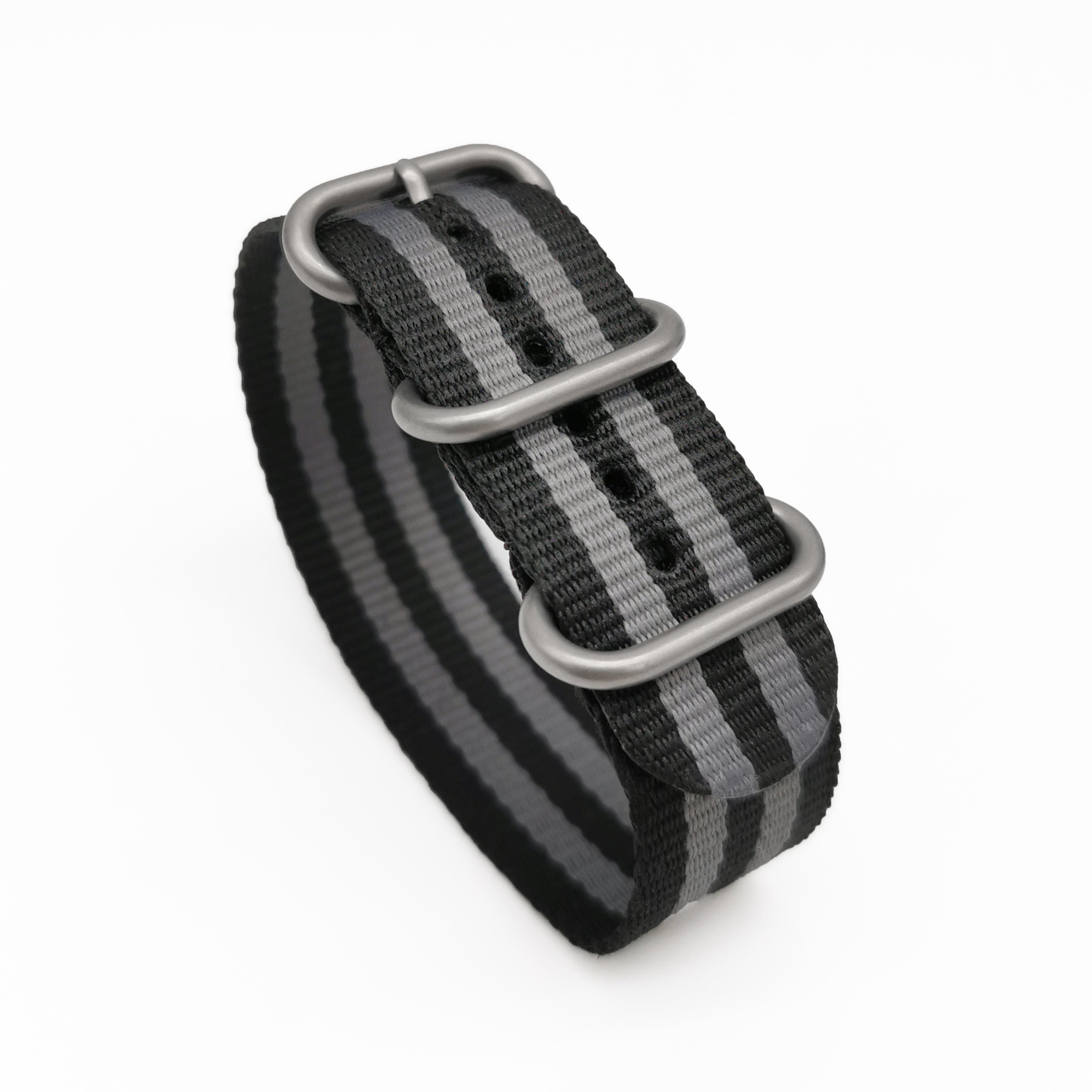 ZULU Nylon Grau/Schwarz/Satin Schnalle - Spezial - Dünnes Uhrenarmband