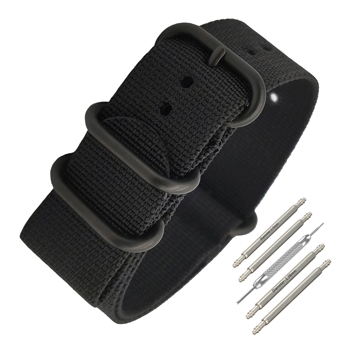 ZULU Nato Strap 22mm Nylon - Black / Full Black - Men - Stiff and thick 2mm strap