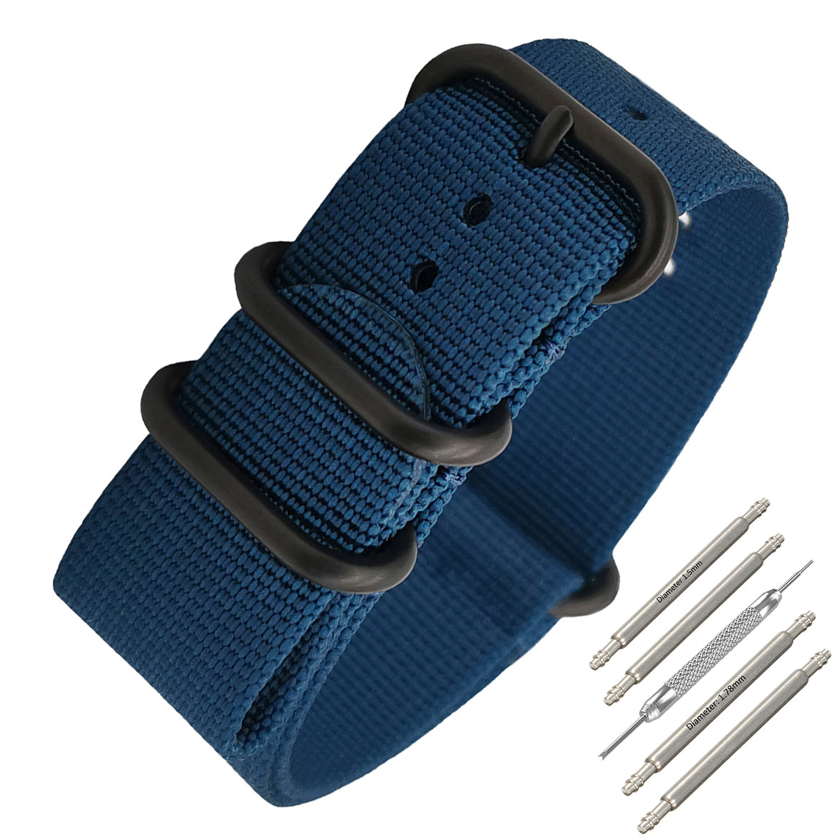ZULU 20mm Nylon Nato Strap - Blue / Black Buckle - Men - 2mm Thick Stiff Strap
