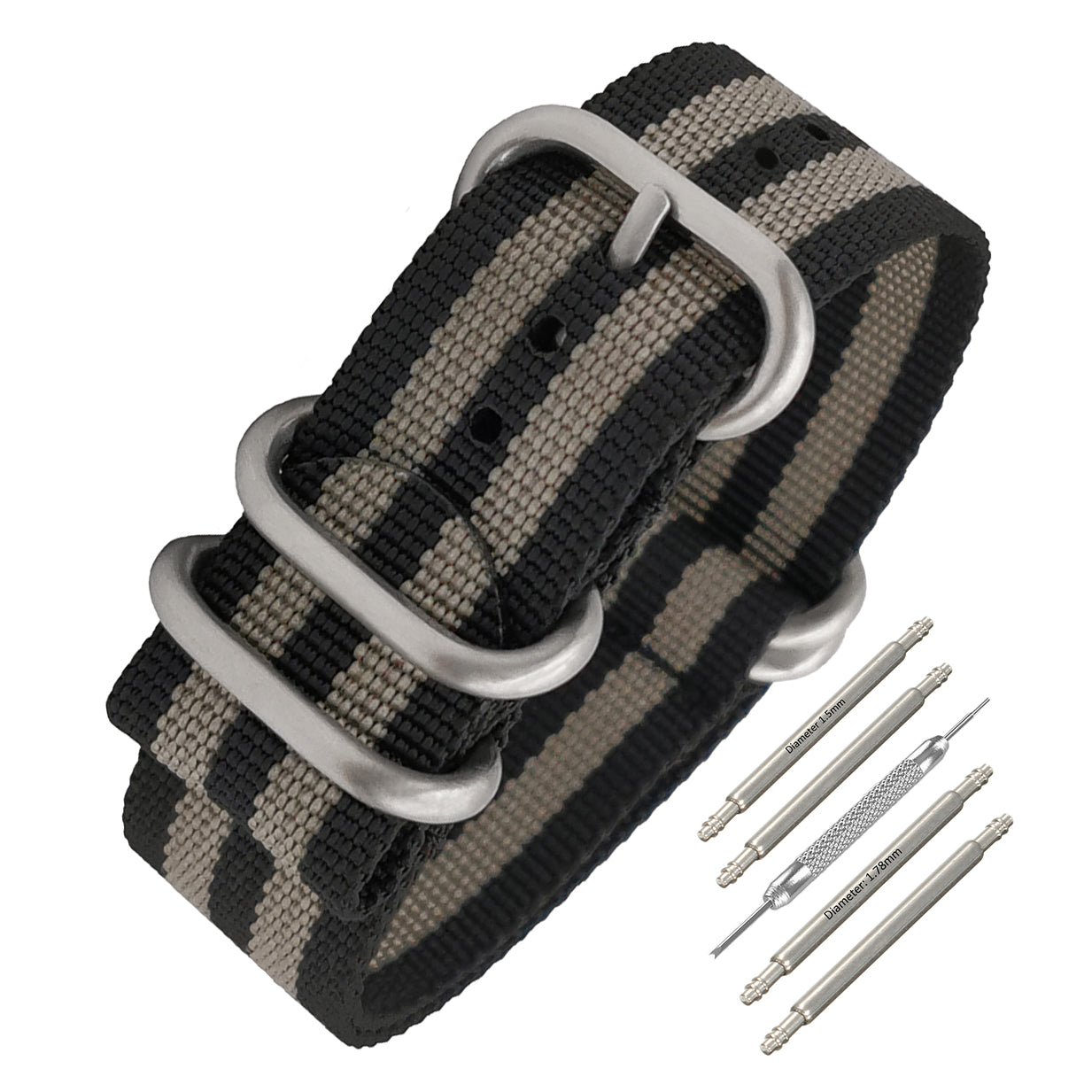 ZULU 22mm Nylon Nato Strap - Black Grey / Black Buckle - Men - 2mm Thick Stiff Strap