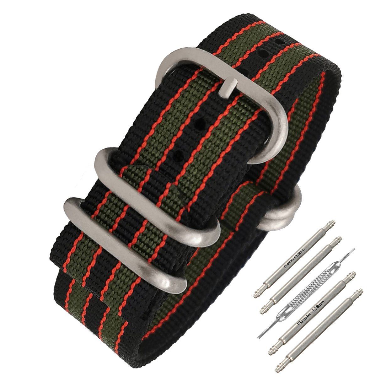 ZULU Nato Strap 24mm James Bond Nylon - Black / Red / Green Satin Buckle - Men - Stiff and Thick Strap 2mm
