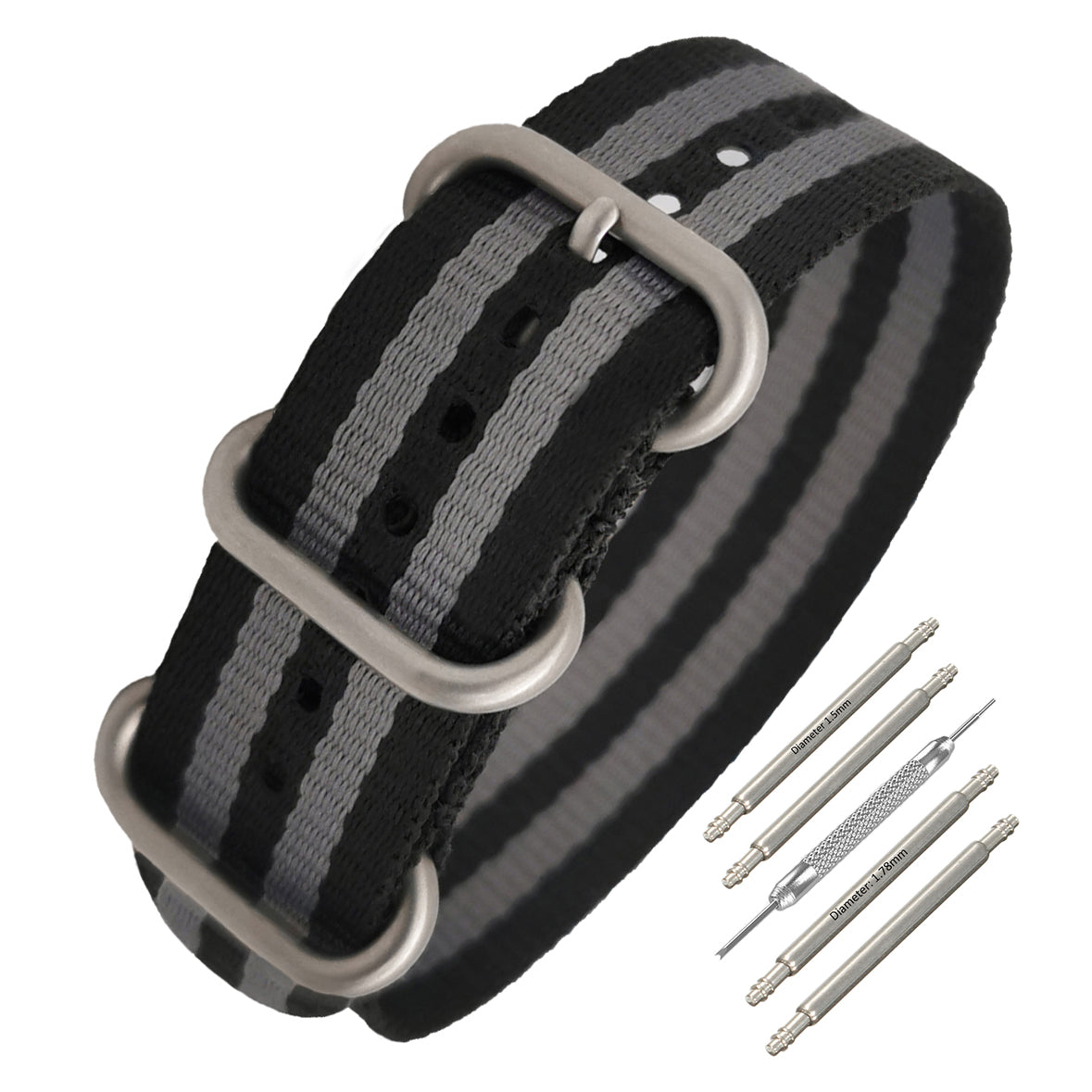 ZULU Nylon Grau/Schwarz/Satin Schnalle - Spezial - Dünnes Uhrenarmband
