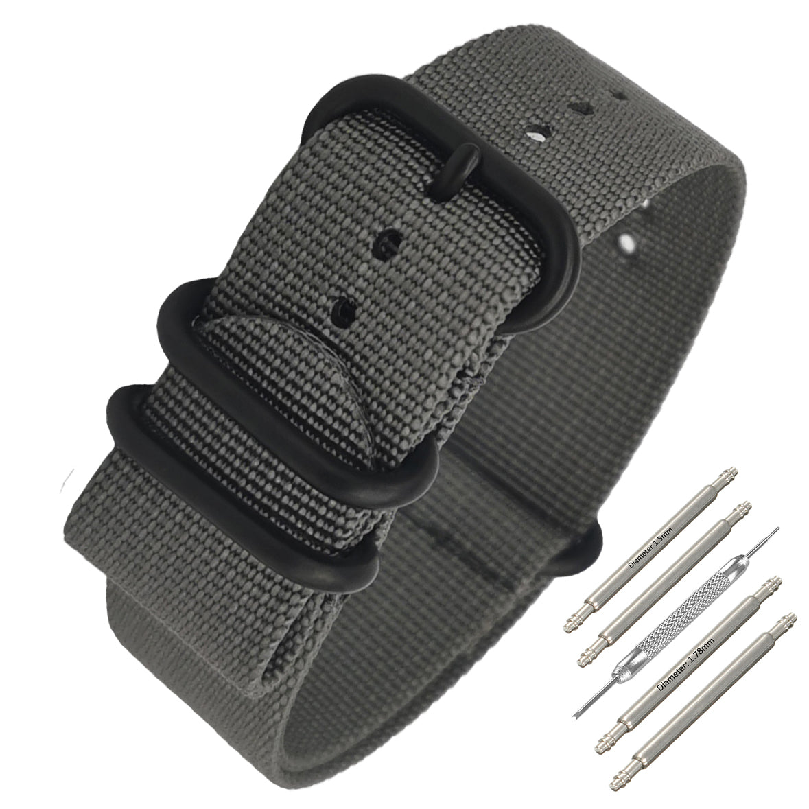 ZULU 22mm Nylon Nato Strap - Grey / Black Buckle - Men - 2mm Thick Stiff Strap